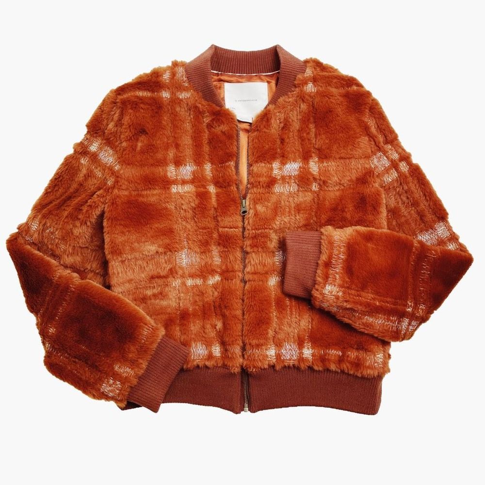 Anthropologie Teddy Bomber Jacket Pockets Lined Plaid Orange Red XS